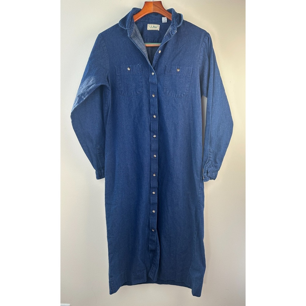 L.L. Bean Vintage Denim Shirt Dress Size 14 Blue Cotton LS USA Modest No Belt - Picture 11 of 11